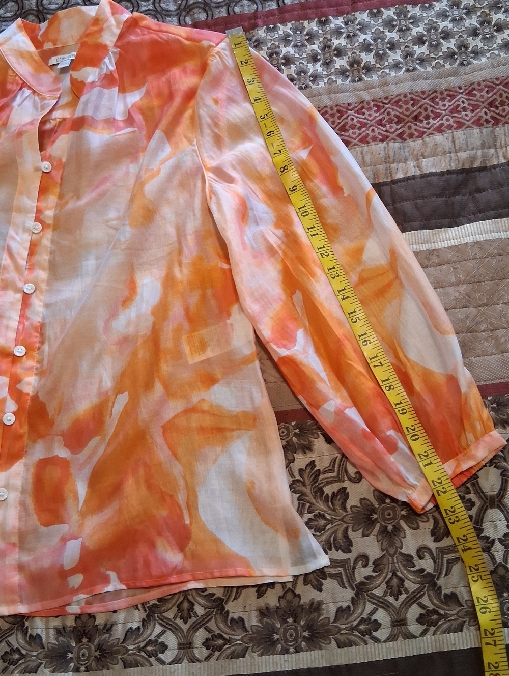Chico's Orange Watercolor Button-Front Blouse Puff Sleeve Lightweight‎ Sz1(8) - Picture 9 of 12